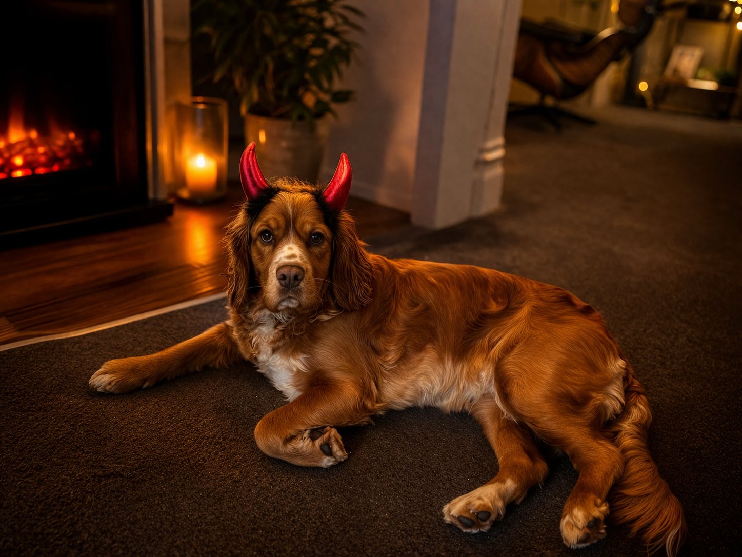 Luna with devil horns by the fireplace